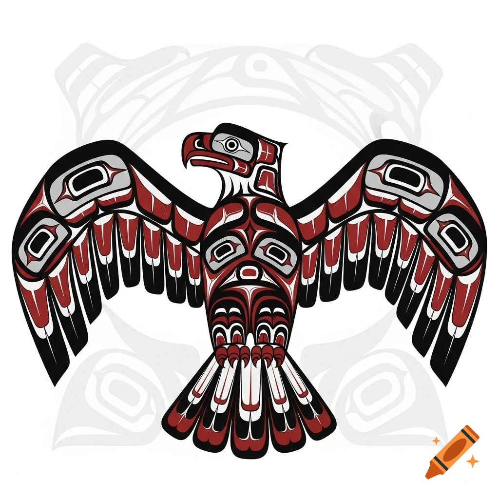 Stylized red, black, and white eagle illustration in traditional First Nations Salish art style.