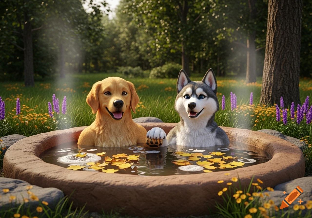 A golden retriever and a husky, both smiling, relax in a stone hot tub filled with water and autumn leaves, set in a lush green forest with purple flowers, in a 3D animated style.