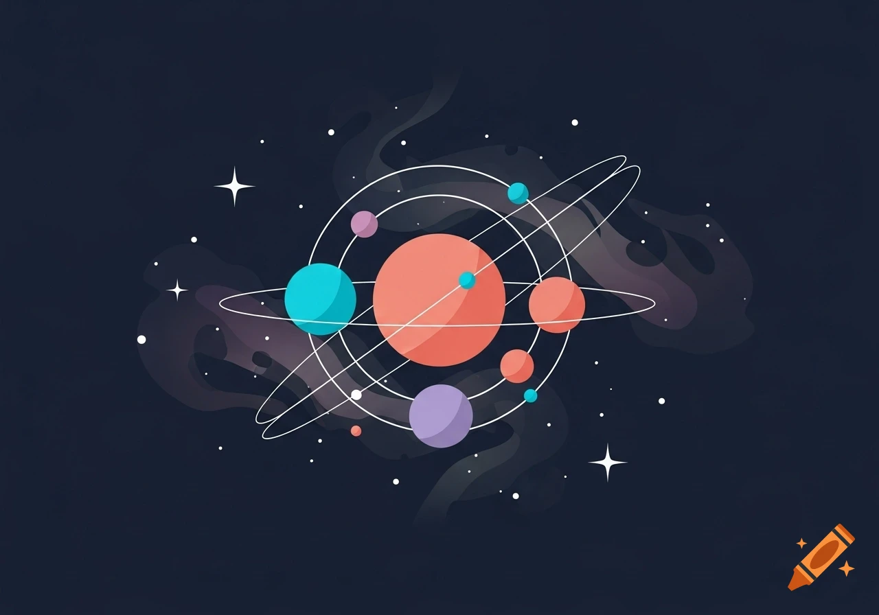 Flat design illustration of colorful planets orbiting a central planet with cosmic rings, stars, and nebulous elements against a dark blue background.