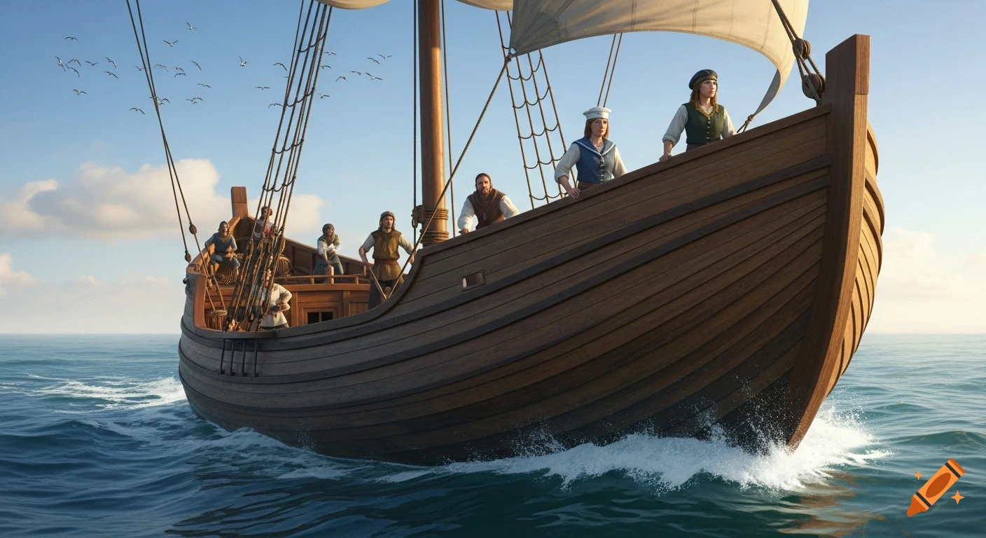A medieval sailing cog with a small crew on deck, cruising through calm blue waters under a clear sky.
