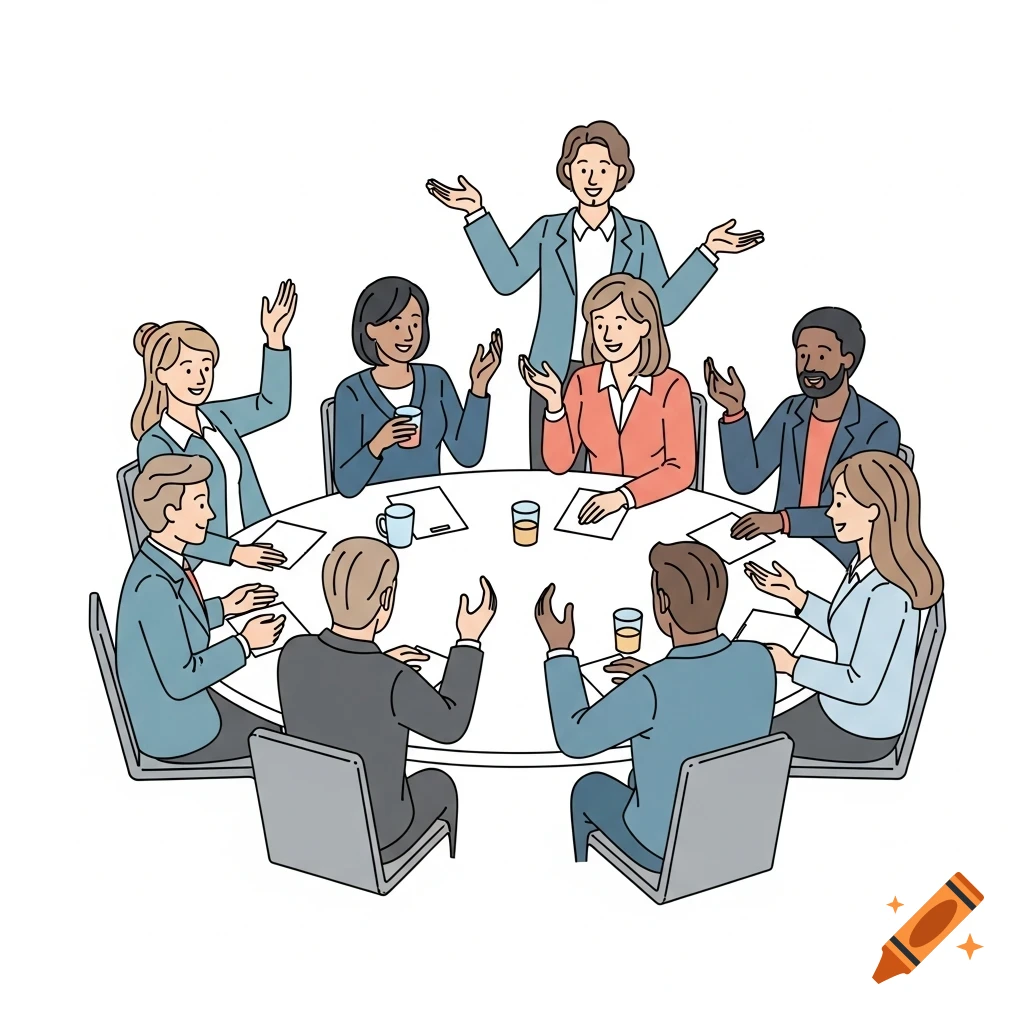 An illustration of diverse people in a business meeting, gathered around a white round table, talking and gesturing.