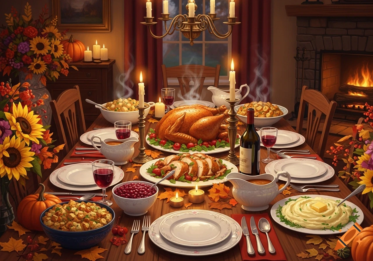 A beautifully set Thanksgiving dinner table featuring a roasted turkey, side dishes, candles, and autumn floral decor in a cozy room with a fireplace.