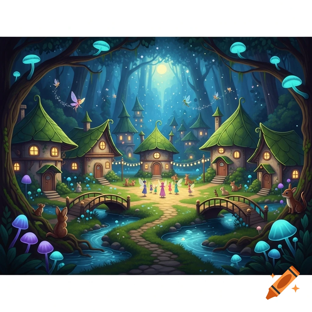 A whimsical fairy village at night with mushroom-capped houses, glowing fungi, and tiny fairies dancing in an enchanted forest.