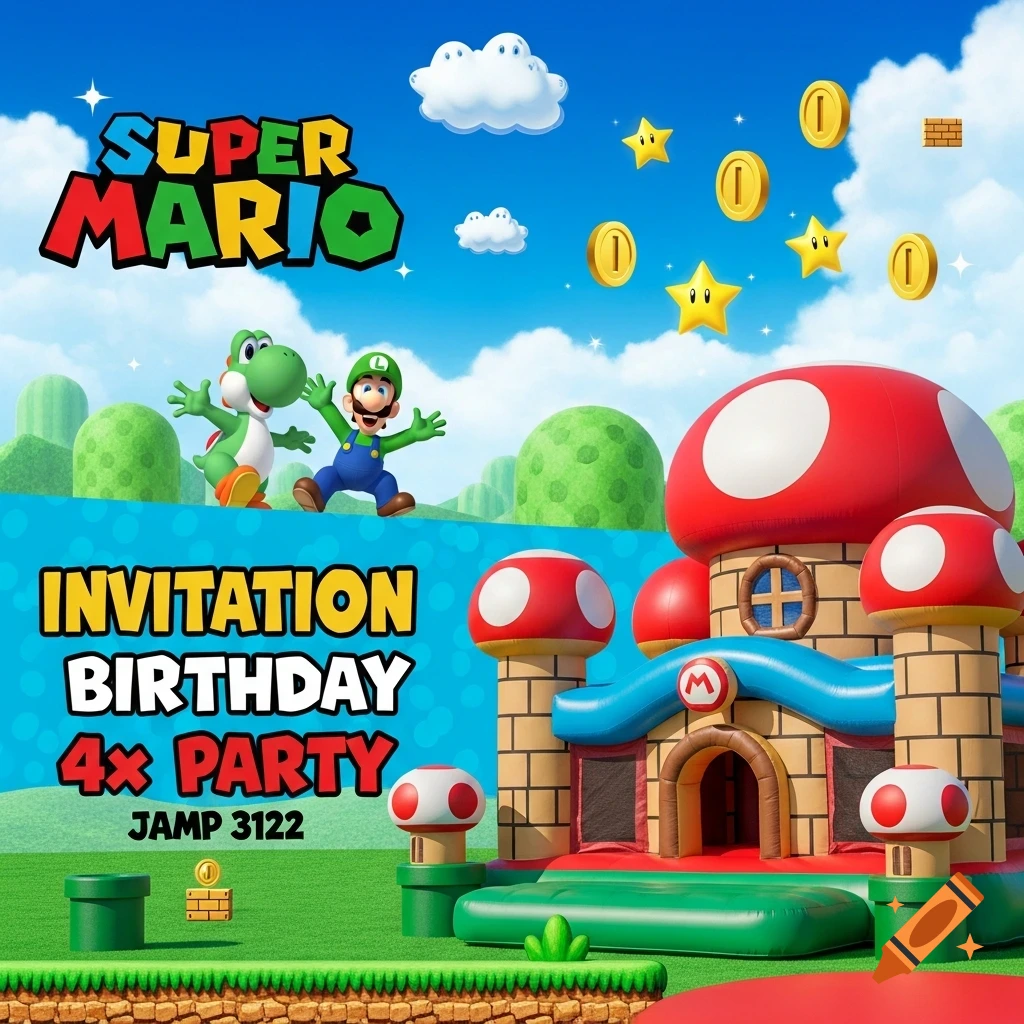 Super Mario themed party invitation with Yoshi, Luigi, and a large mushroom bouncy castle.