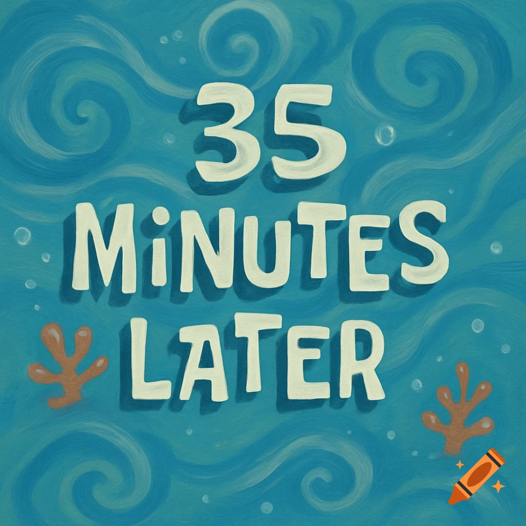 Cartoon time card with blue wavy background, bubbles, coral, and white text '35 MINUTES LATER'.