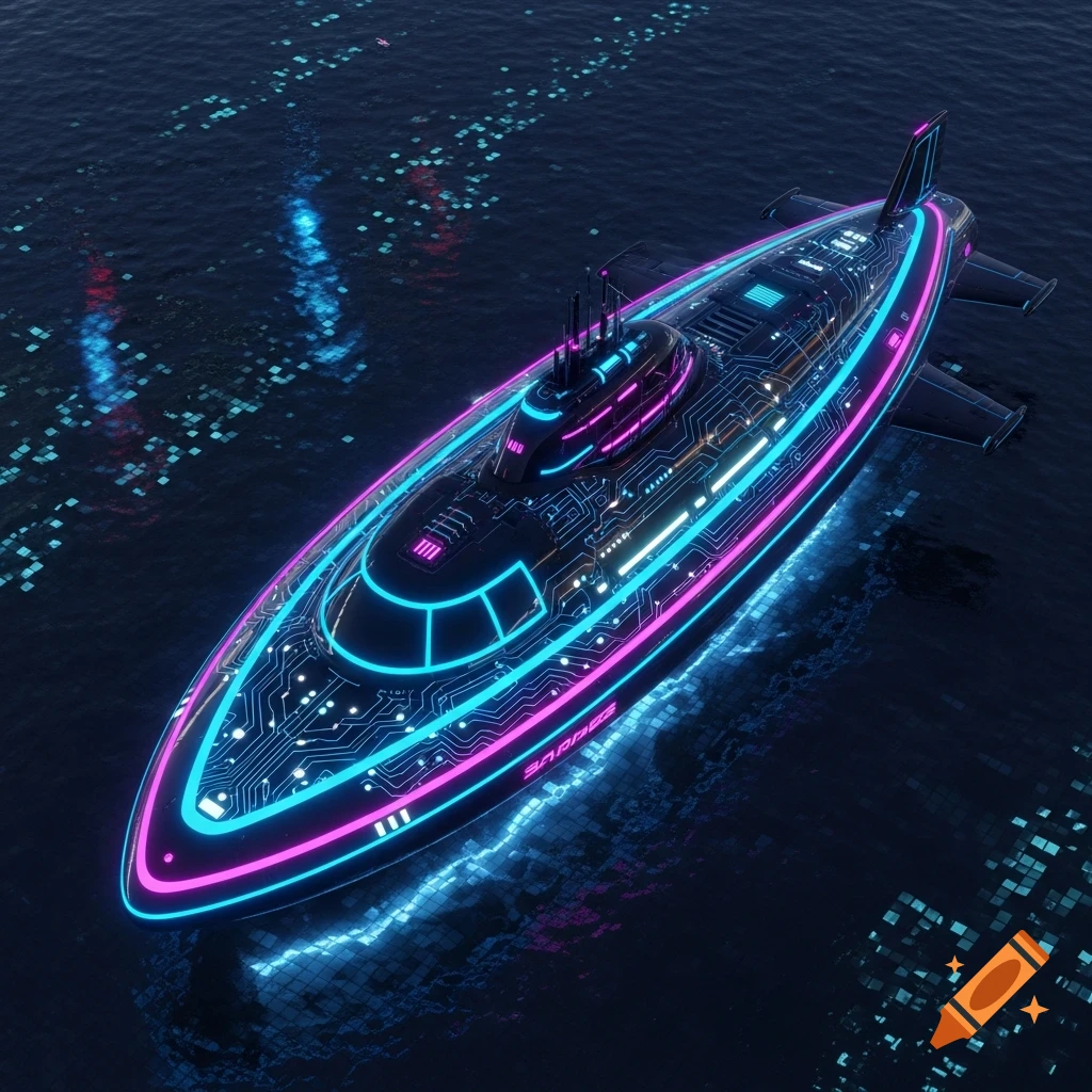 Top-down view of a futuristic cyberpunk submarine with bright neon cyan and magenta lights, on dark water with glowing digital patterns.