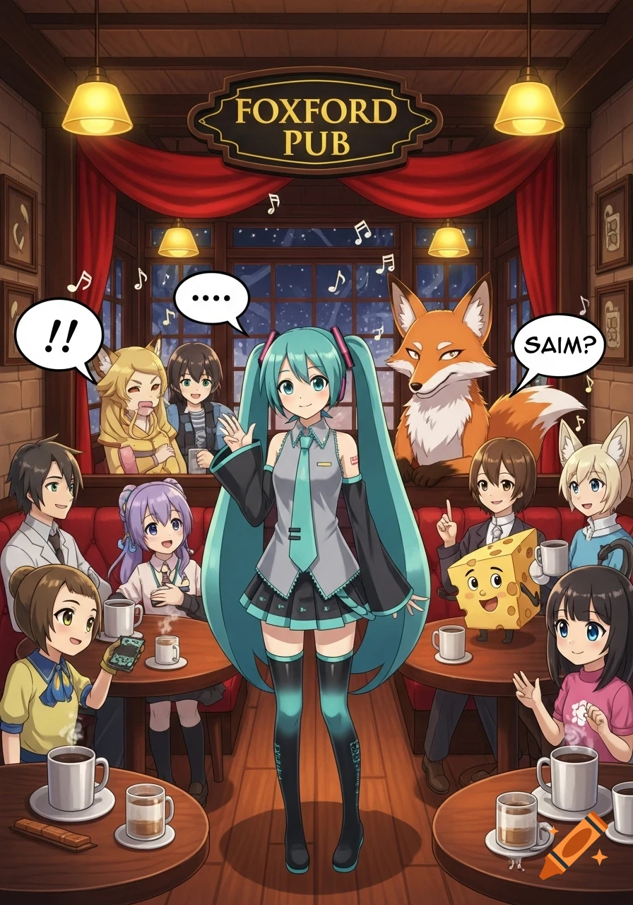 Hatsune Miku and various anime characters, including a fox and a talking cheese block, gather inside a cozy "FOXFORD PUB" at night.