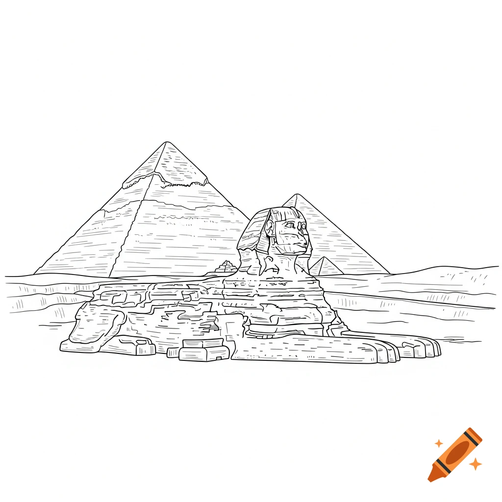 Black outline drawing of the Great Sphinx of Giza with the pyramids in the background.