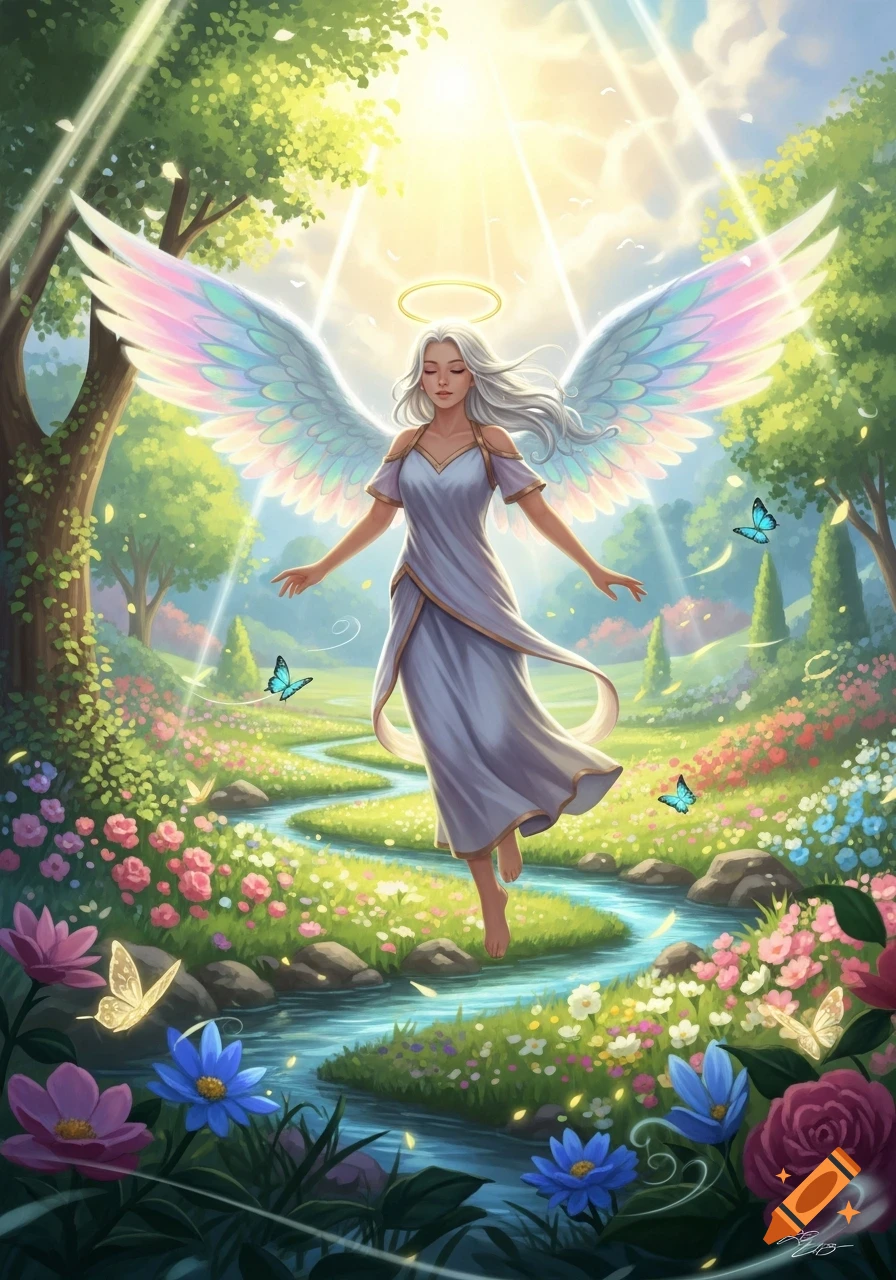 An ethereal angel with white hair and rainbow wings floats gracefully in a vibrant, sun-drenched garden with a winding stream and colorful flowers.