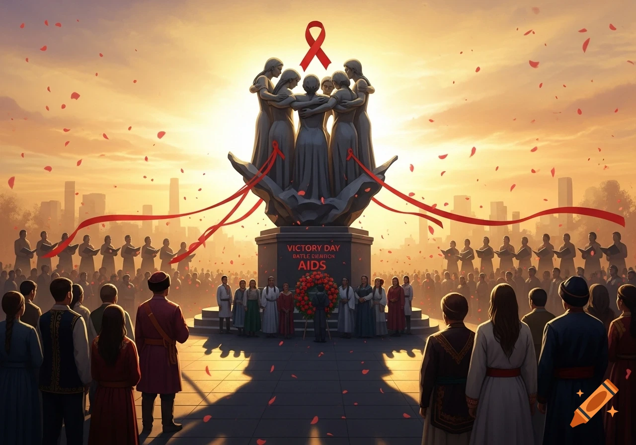A large crowd gathers at sunset around a monument featuring a statue of embracing figures atop a stone base, adorned with a red ribbon and red flower wreath. Red petals fall from the sky, and city buildings are visible in the background.