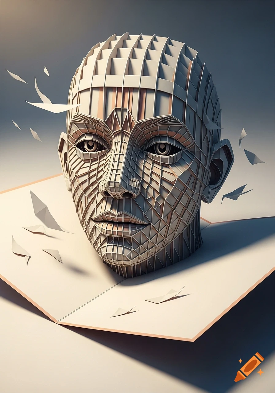 A geometric, polygonal human head rendered in a pop-up book style, emerging from an open book with scattered paper elements.