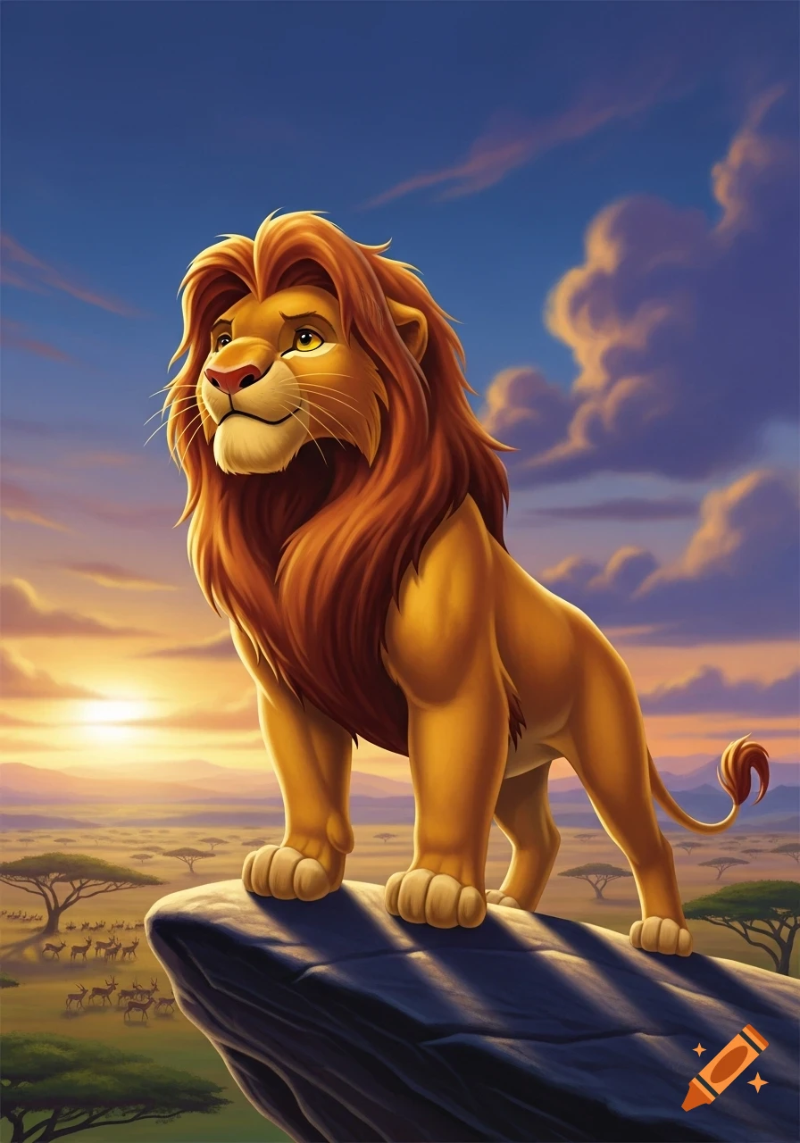 A cartoon lion resembling Simba stands majestically on a rock, overlooking a golden savanna at sunset.