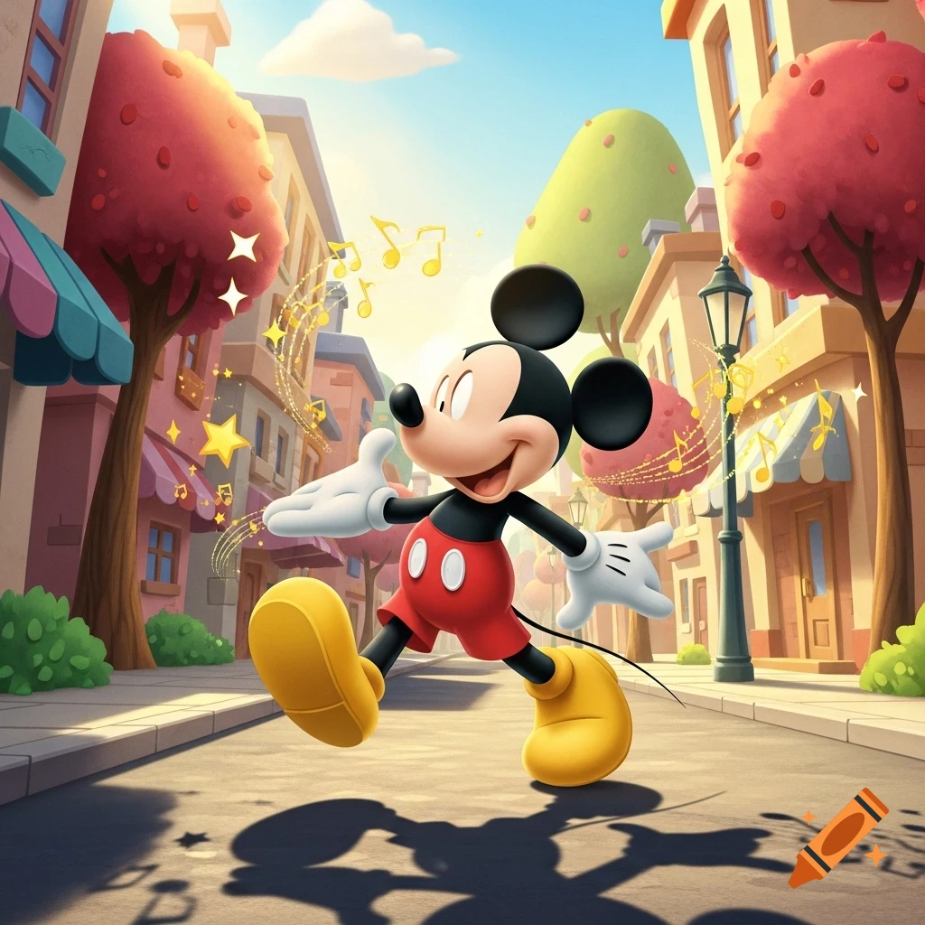 Mickey Mouse walks happily on a sunny street with musical notes and stars, in a vibrant cartoon style.