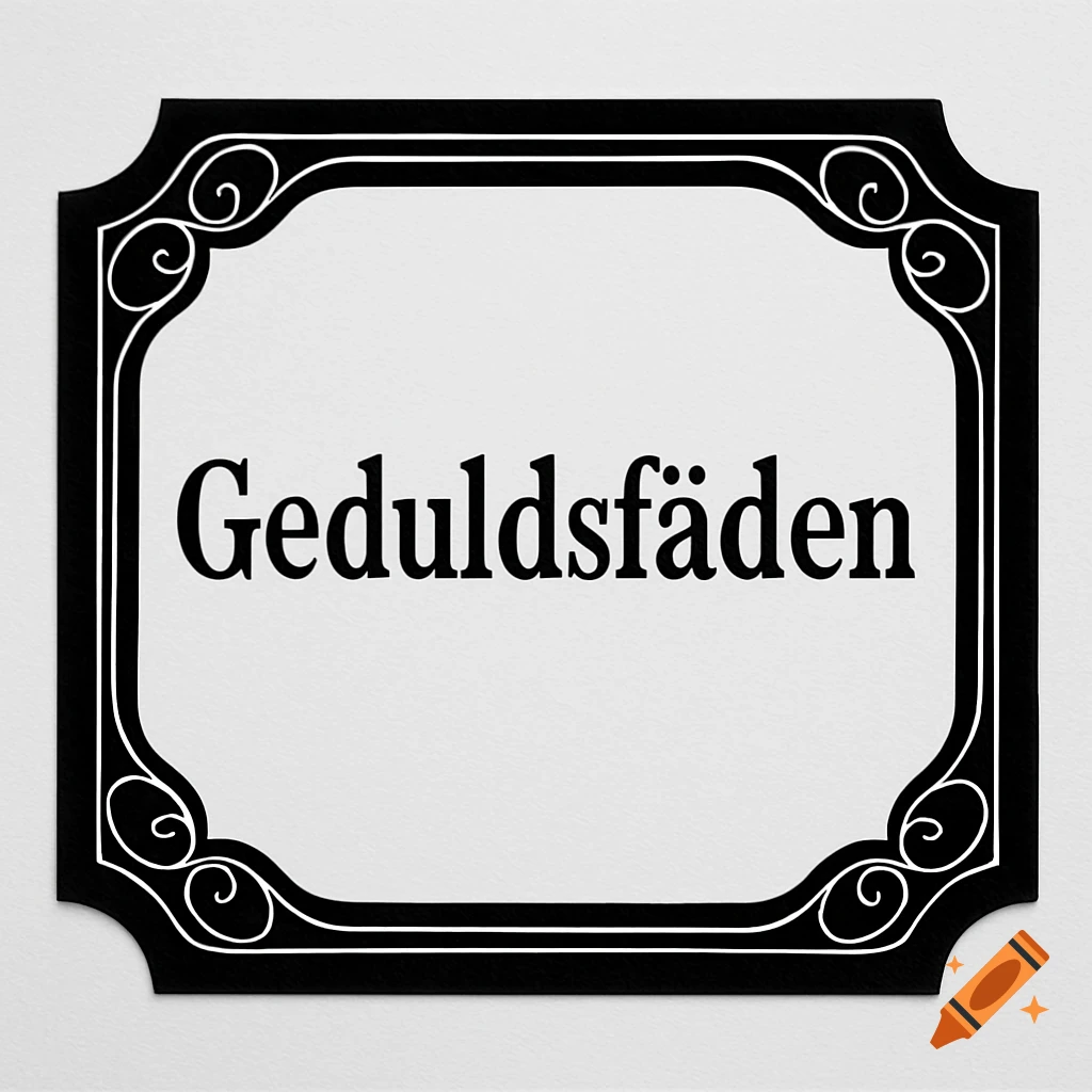 A black and white ornamental label with the German word 'Geduldsfäden' written in the center.