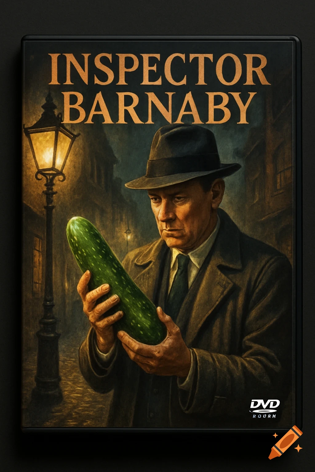 A painted DVD cover featuring Inspector Barnaby, a man in a fedora, intently holding a large green cucumber on a dimly lit street.