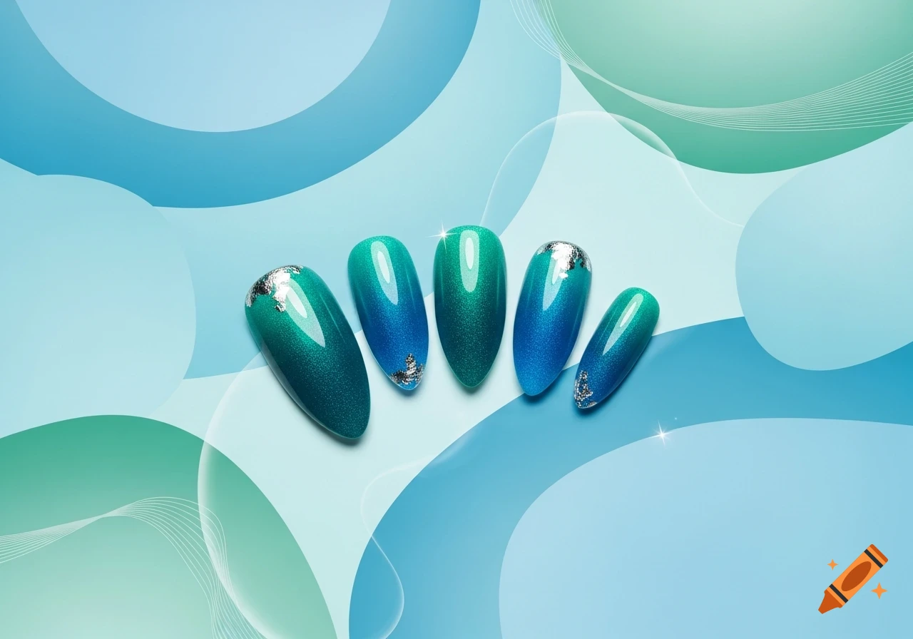 Five almond-shaped gel nails with blue to green gradient color and silver foil accents, on an abstract blue background.