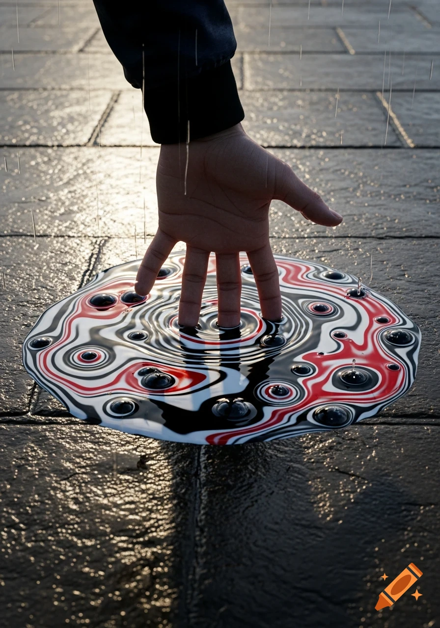 A six-fingered hand reaches into a puddle of swirling black, white, and red liquid on a wet tiled surface as rain falls.