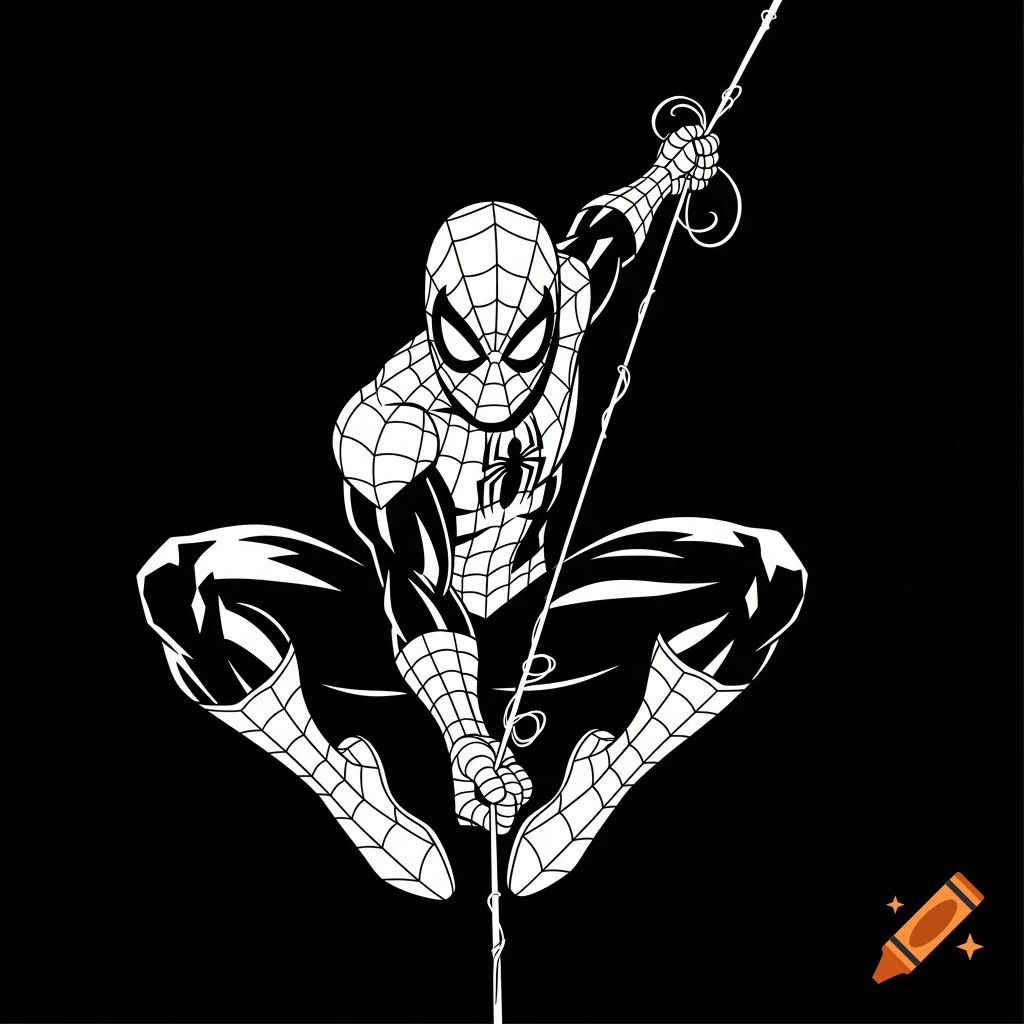 White on black stencil silhouette of Spider-Man in a classic crouched swinging pose.