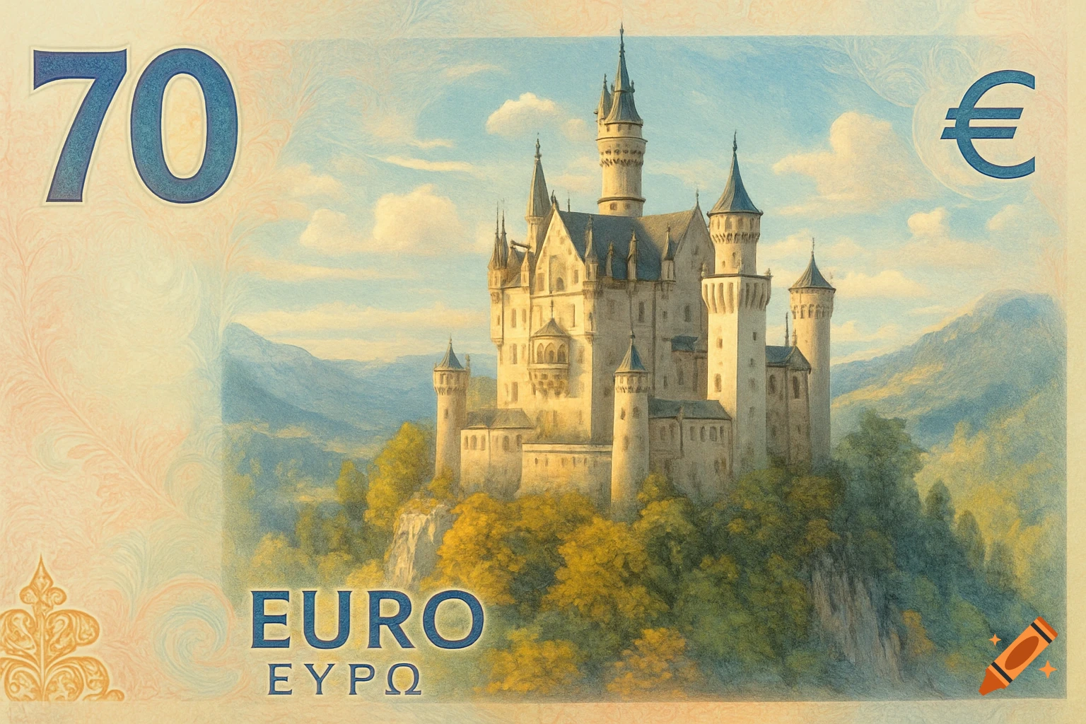 An illustrated 70 Euro banknote featuring a detailed painting of Neuschwanstein Castle amidst mountains.