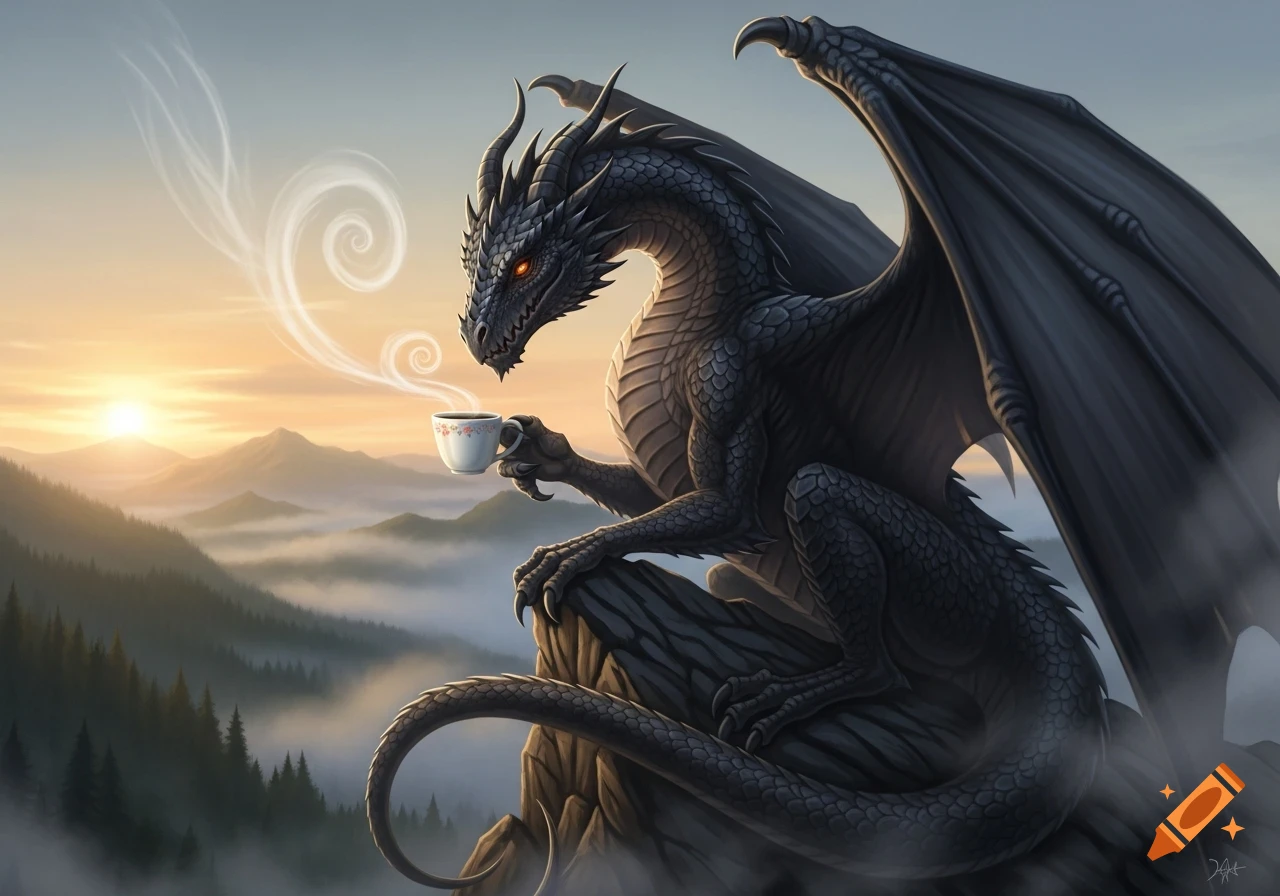A black dragon with red eyes sits on a cliff, holding a steaming coffee ...