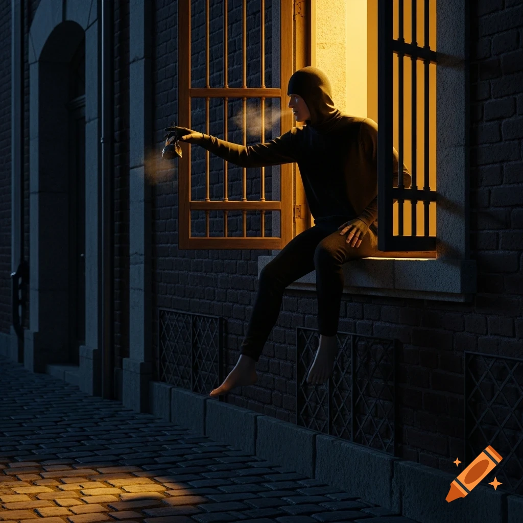 A person dressed in black, like a thief, is climbing out of a lit window at night. Their hand is outstretched, holding an indistinct object with a wisp of vapor coming from it. The street below is cobblestone, illuminated by a patch of light from the window.