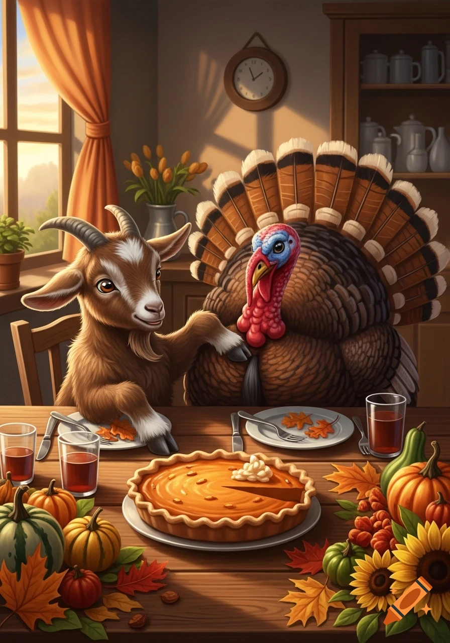 A cute brown goat and a turkey sit at a Thanksgiving table laden with pumpkin pie, pumpkins, and fall leaves in a warm, illustrative style.