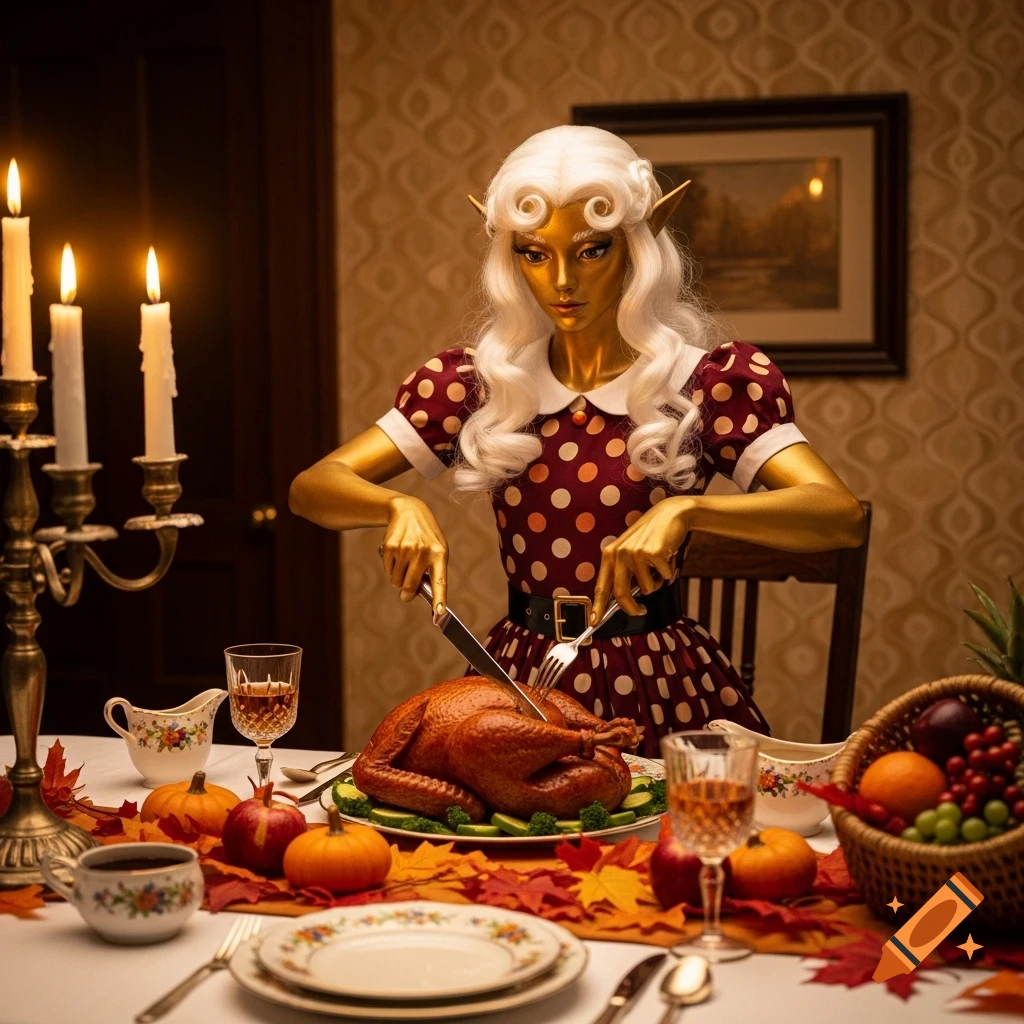 A golden-skinned elf with white hair in a polka dot dress carves a Thanksgiving turkey at a festive table decorated with fall leaves and candles.