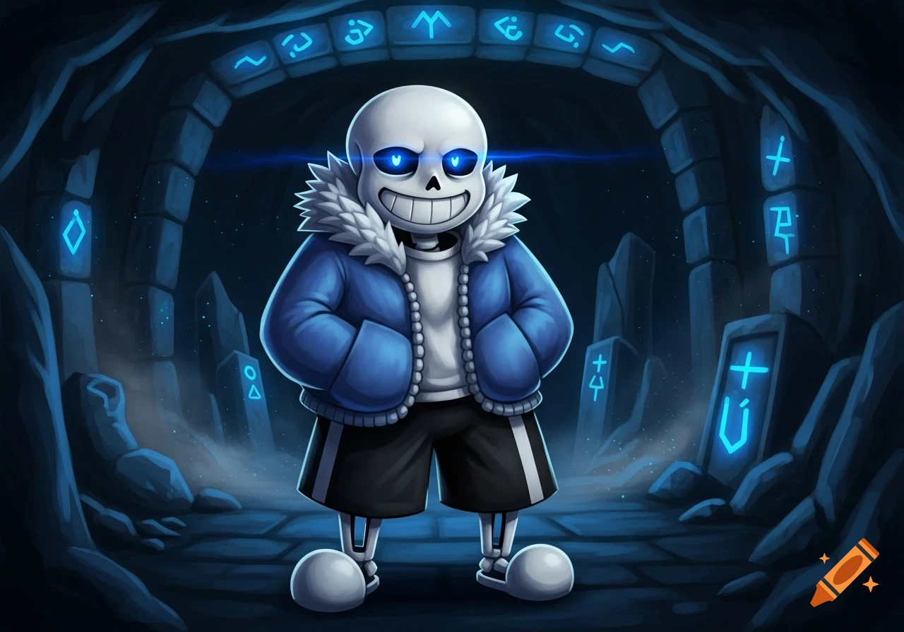 Sans the skeleton, with glowing blue eyes and a wide grin, wears a blue jacket and stands in a dark cave with glowing blue runes on stone pillars and an archway.