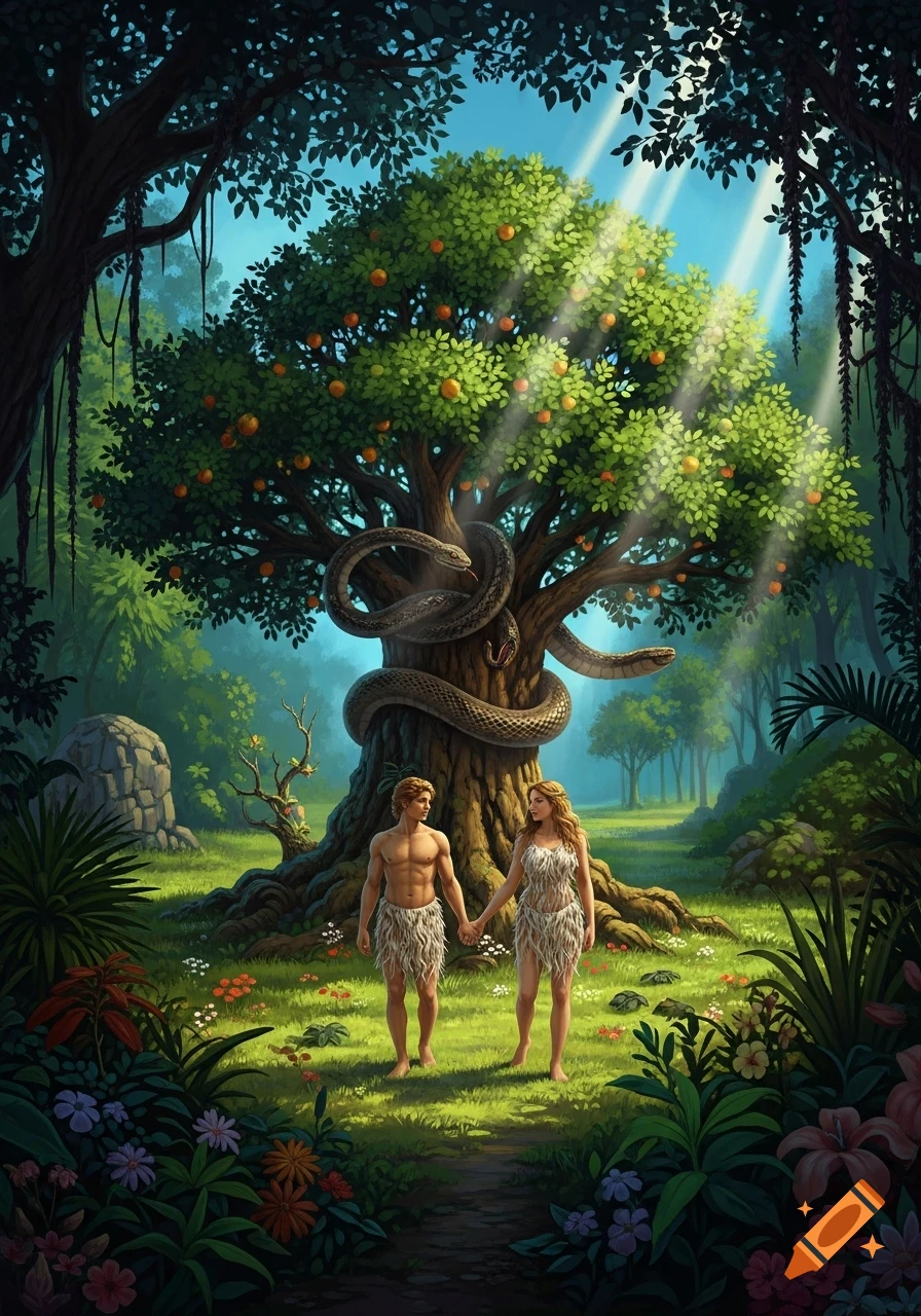 Adam and Eve hold hands in a lush Garden of Eden, standing under the tree of knowledge with a snake coiled around its trunk.