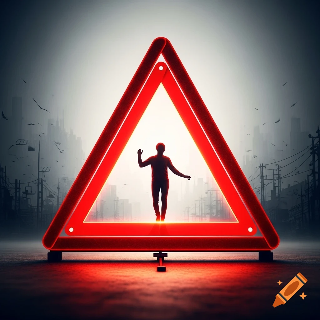 A glowing red warning triangle frames a person's silhouette against a dark, industrial city background.