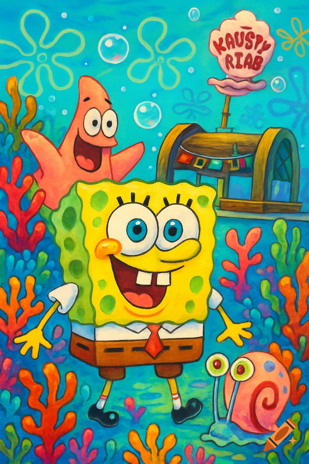 SpongeBob SquarePants, Patrick Star, and Gary the Snail pose underwater among colorful coral, with a sign reading "KAUSPY RIAB" and a treasure chest in the background.