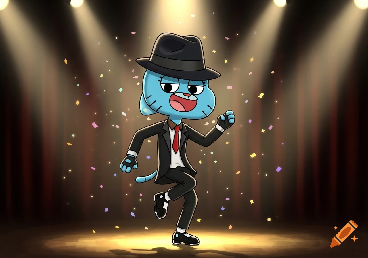 Gumball Watterson, in a black fedora and suit, tap dances on a spotlighted stage with confetti in a cartoon style.
