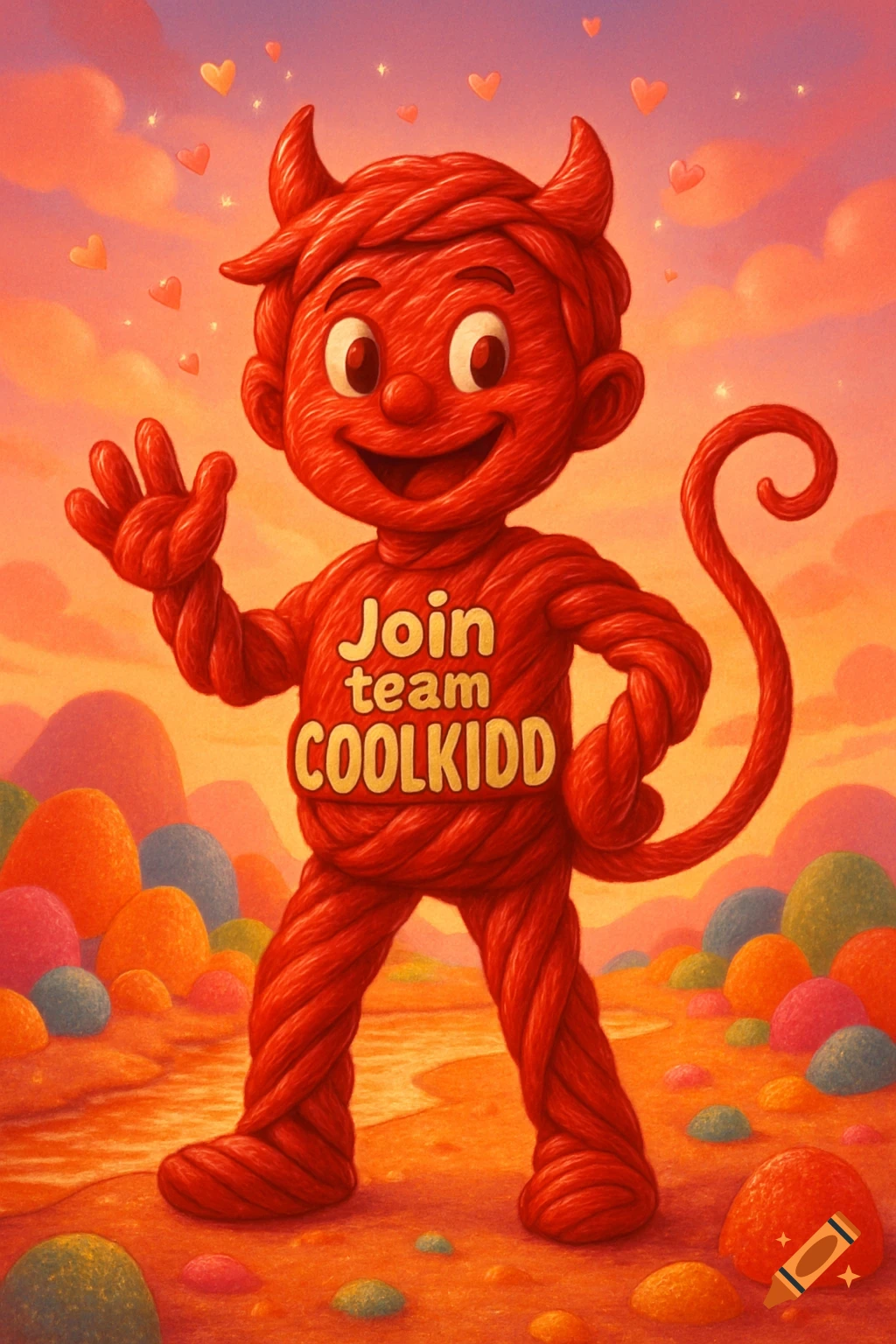 A smiling red licorice devil character with horns and tail waves, text on chest says 'Join team COOLKIDD'. Colorful candy landscape, hearts in sky, cartoon style.