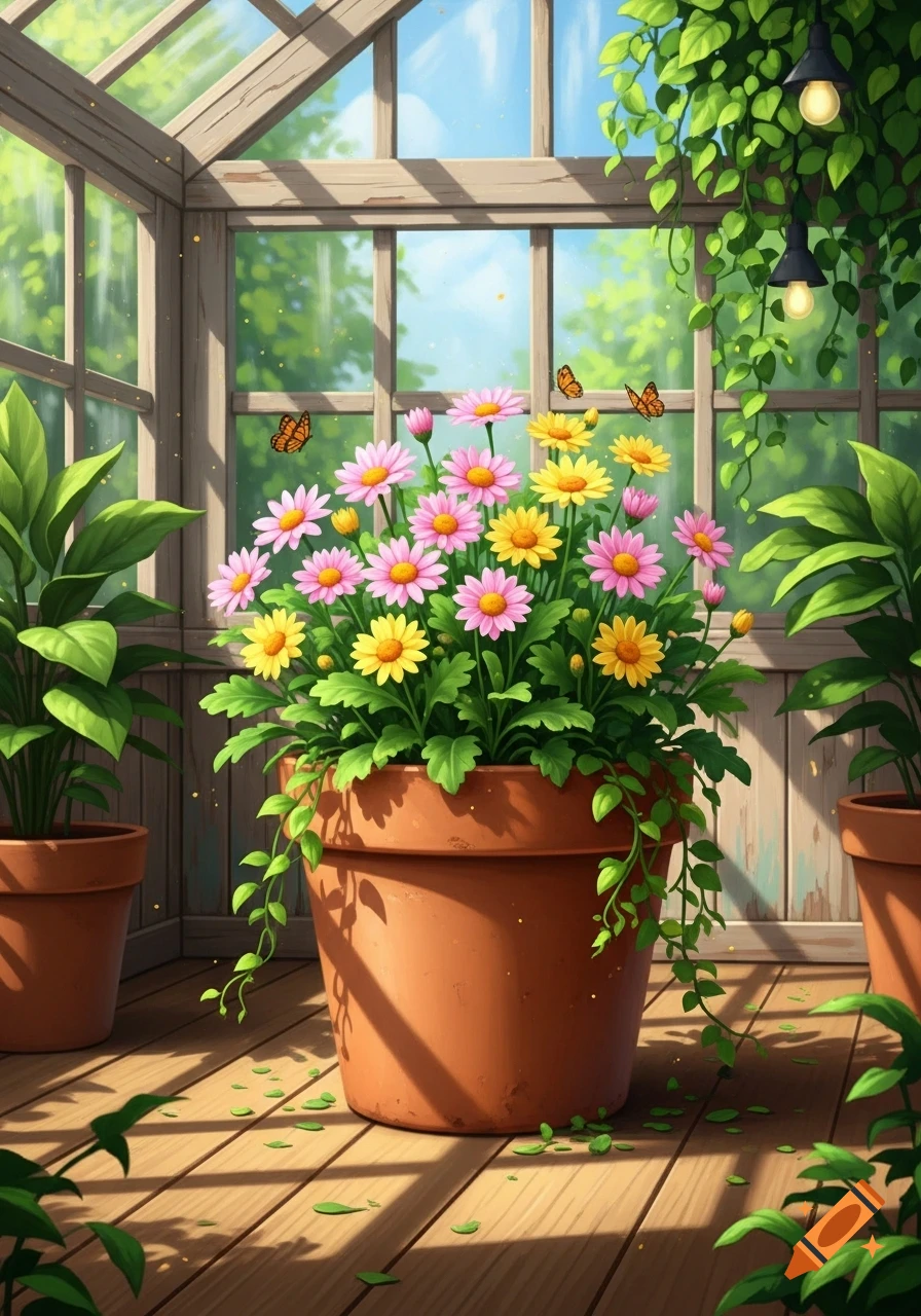 An illustration of a large terracotta pot filled with pink and yellow daisies and butterflies inside a sunlit greenhouse.