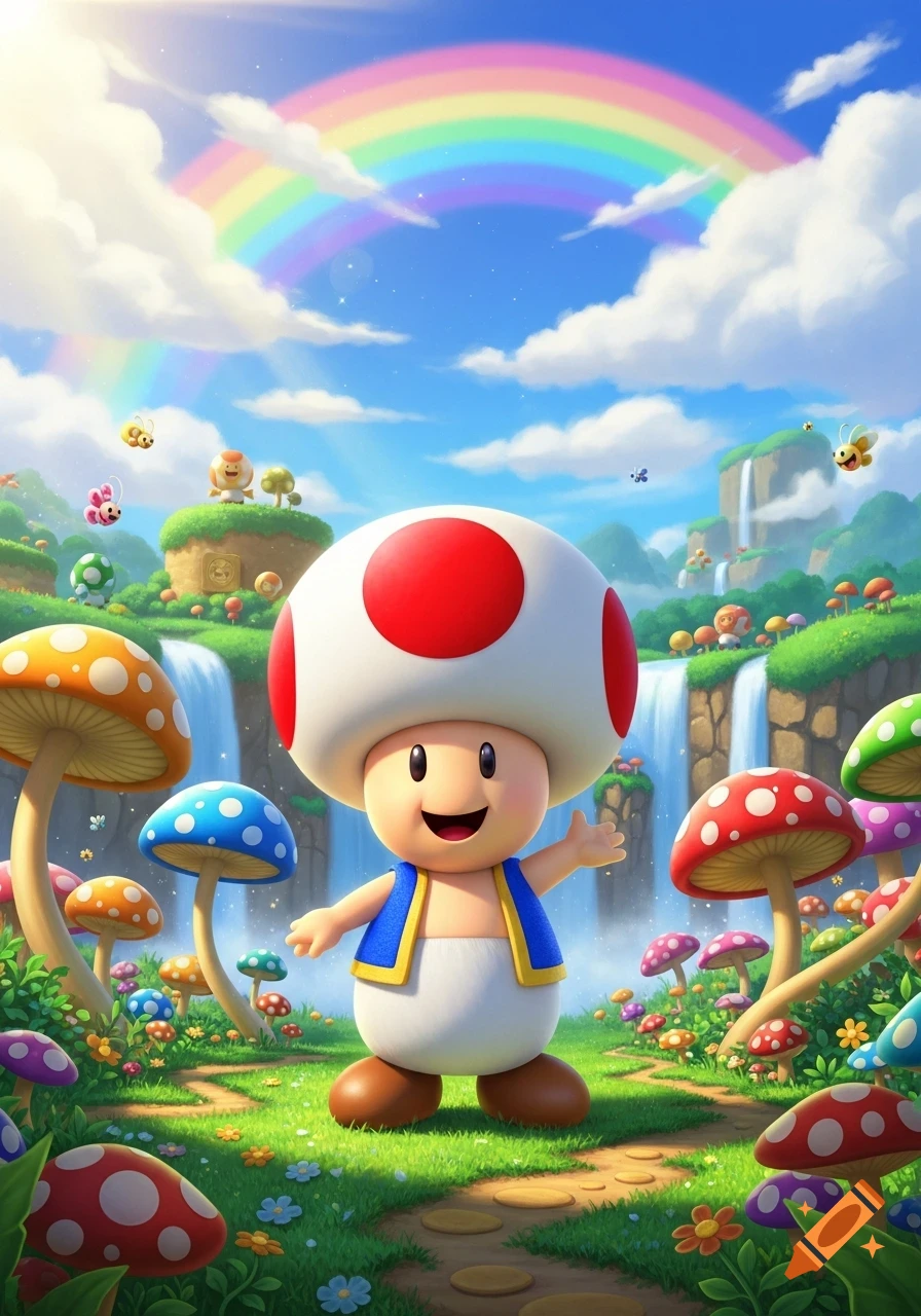 Toad from Super Mario stands in a vibrant, mushroom-filled fantasy landscape with a rainbow overhead and waterfalls.