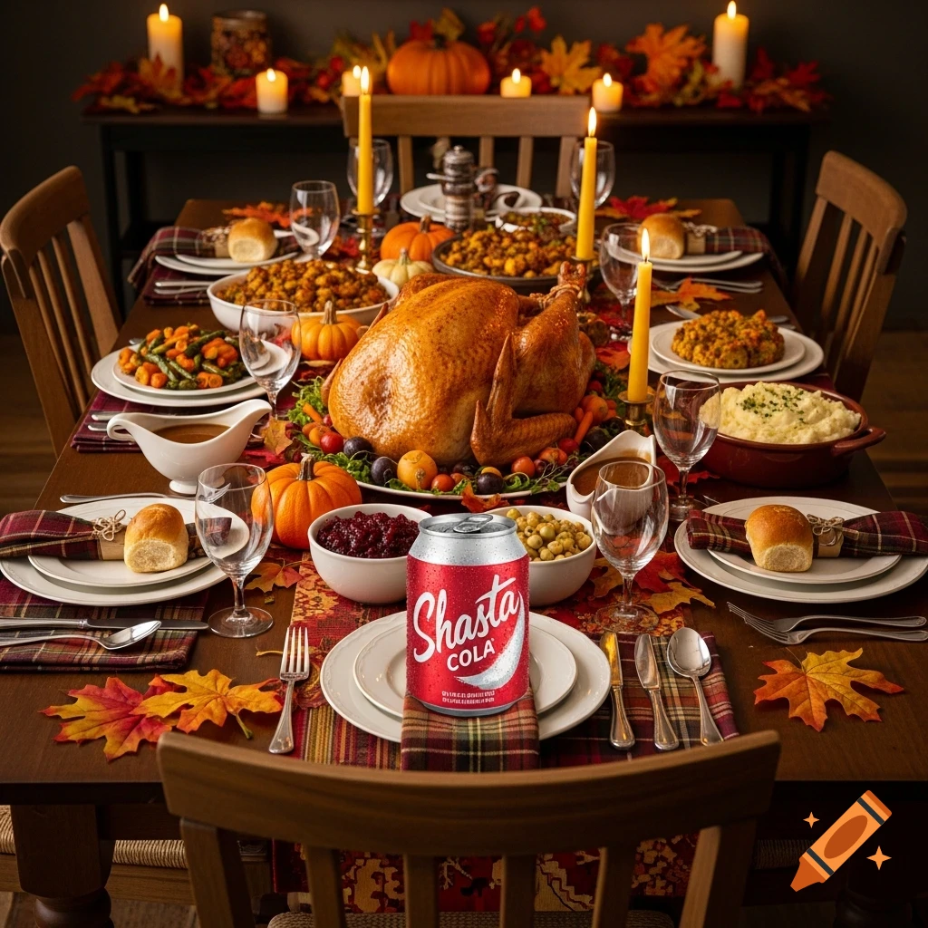 A photorealistic Thanksgiving dinner table laden with a roasted turkey, side dishes, candles, autumn leaves, and a can of Shasta Cola.