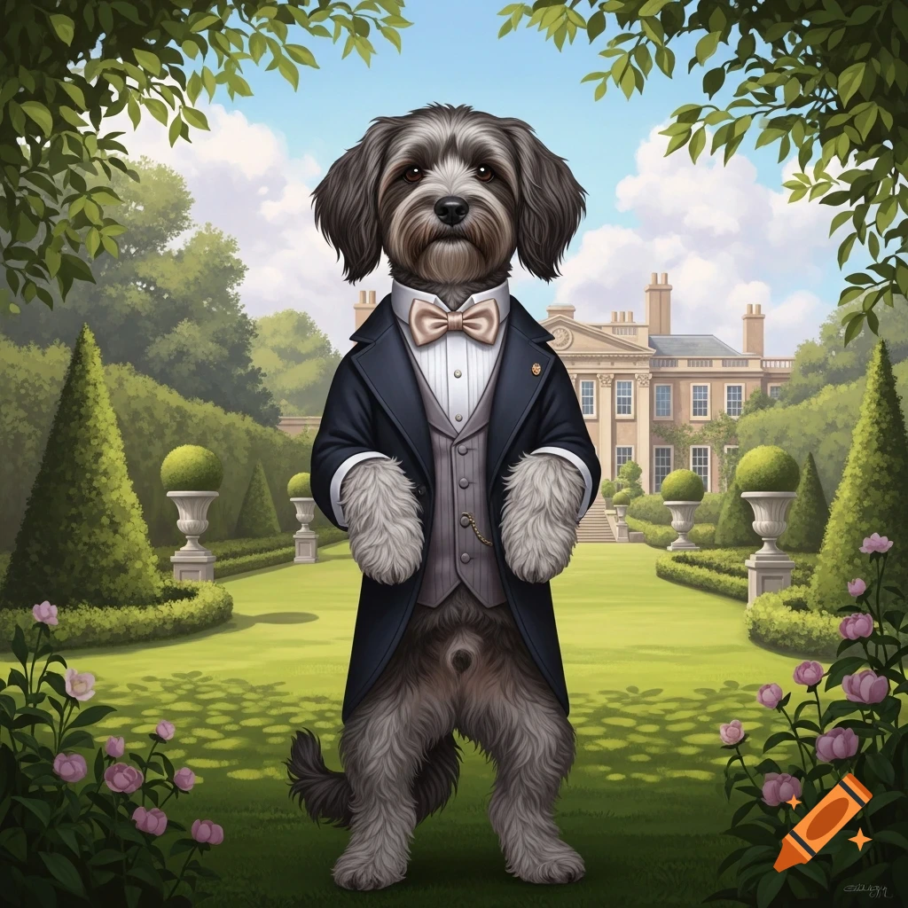 A formal bobtail dog in a black suit and bow tie stands upright in a lush garden with a mansion.