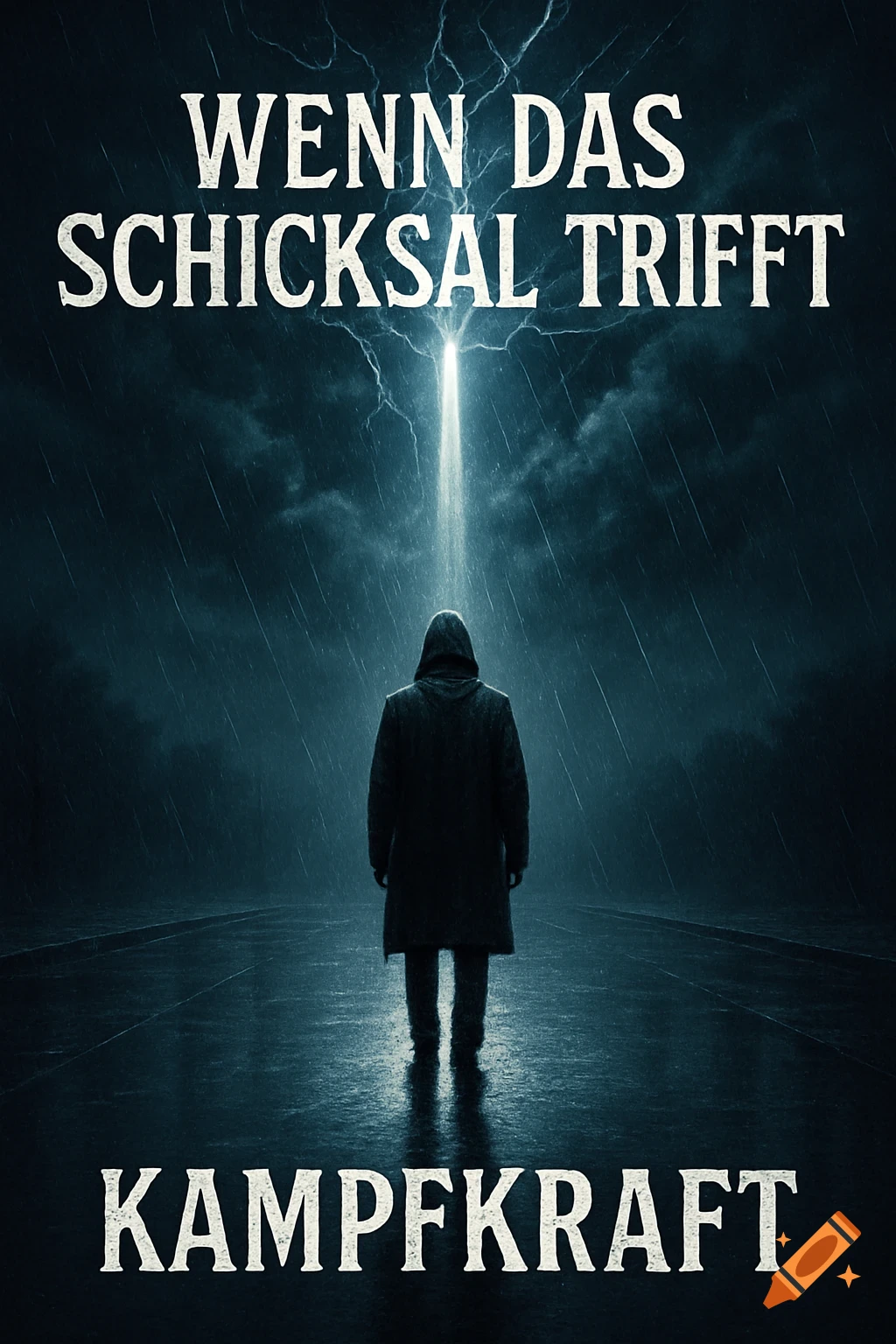 A hooded figure stands on a wet road in the rain, struck by a light beam from dark clouds. Text: "WENN DAS SCHICKSAL TRIFFT" and "KAMPFKRAFT".