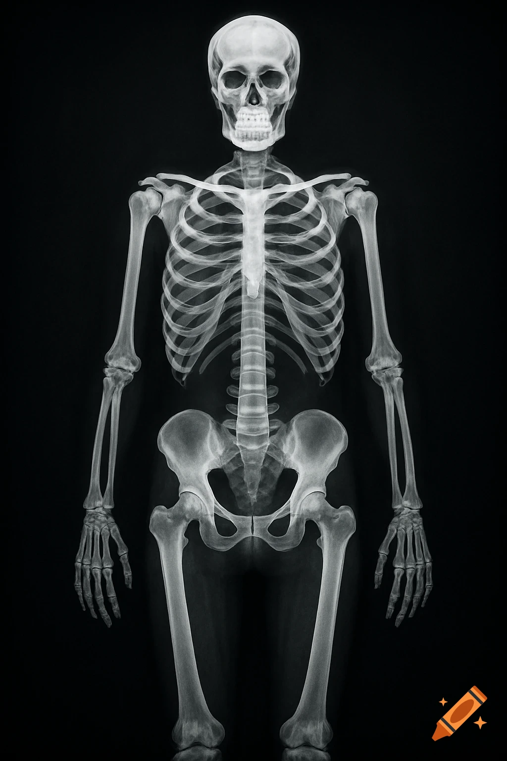 Front-facing X-ray of a human skeleton on a black background