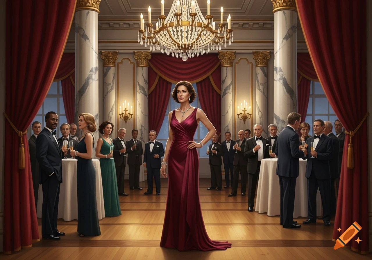 A woman in a red gown stands at a formal event, surrounded by elegantly dressed guests in a grand ballroom.