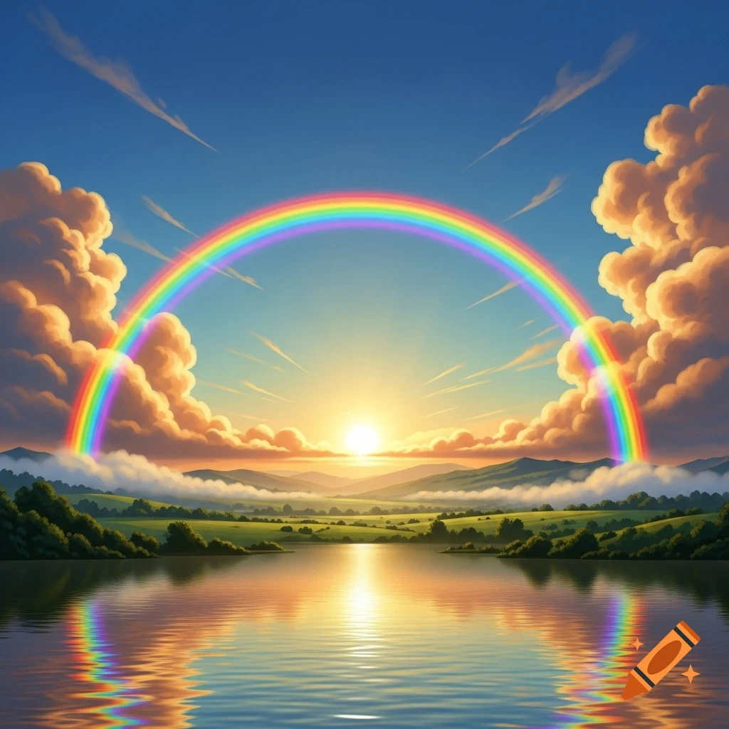 Vibrant landscape with a large rainbow arching over a lake at sunrise, surrounded by rolling green hills and fluffy clouds.