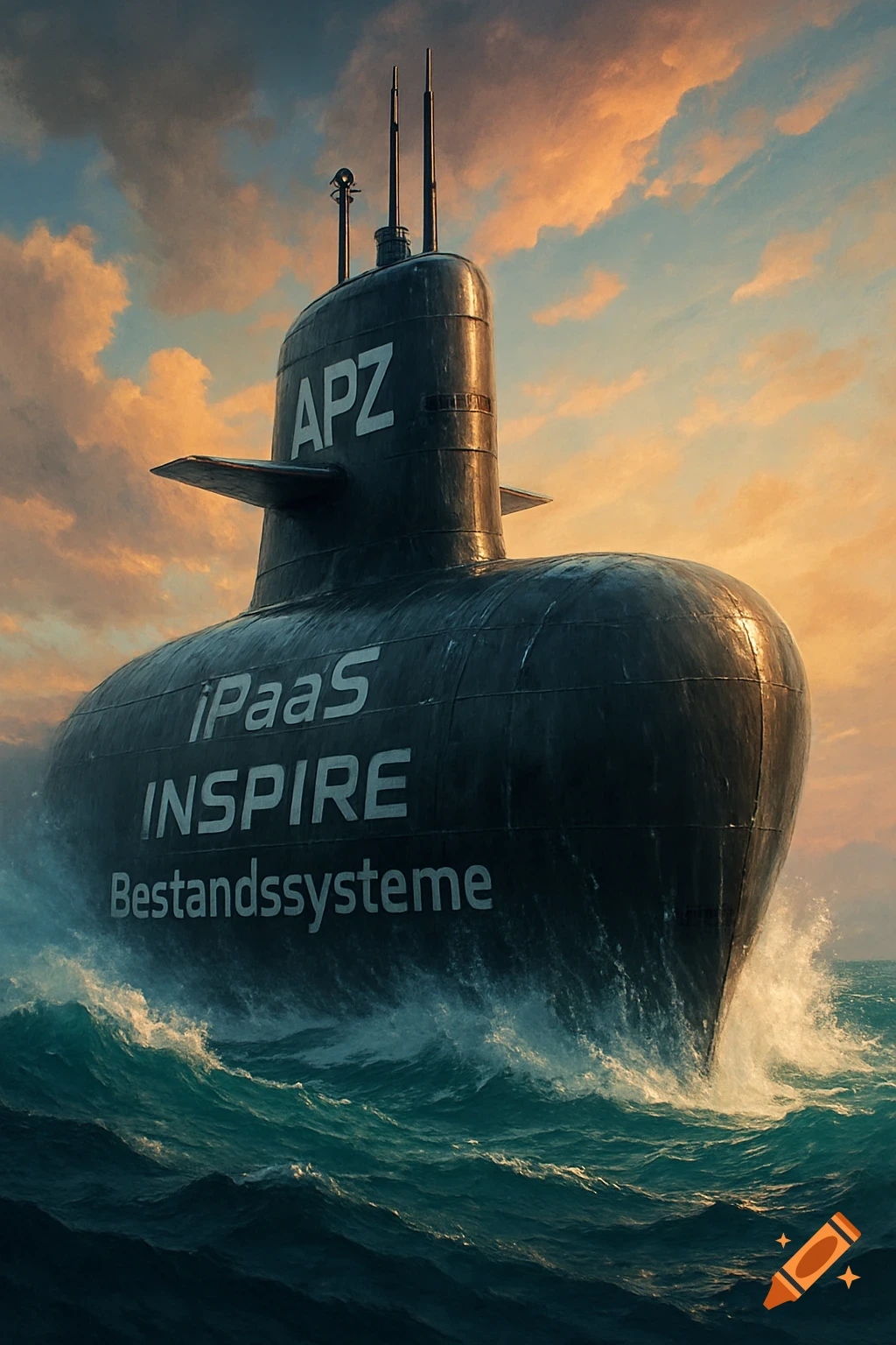 A large black submarine emerges from turbulent ocean waves under a dramatic, cloudy sky, featuring text on its hull.