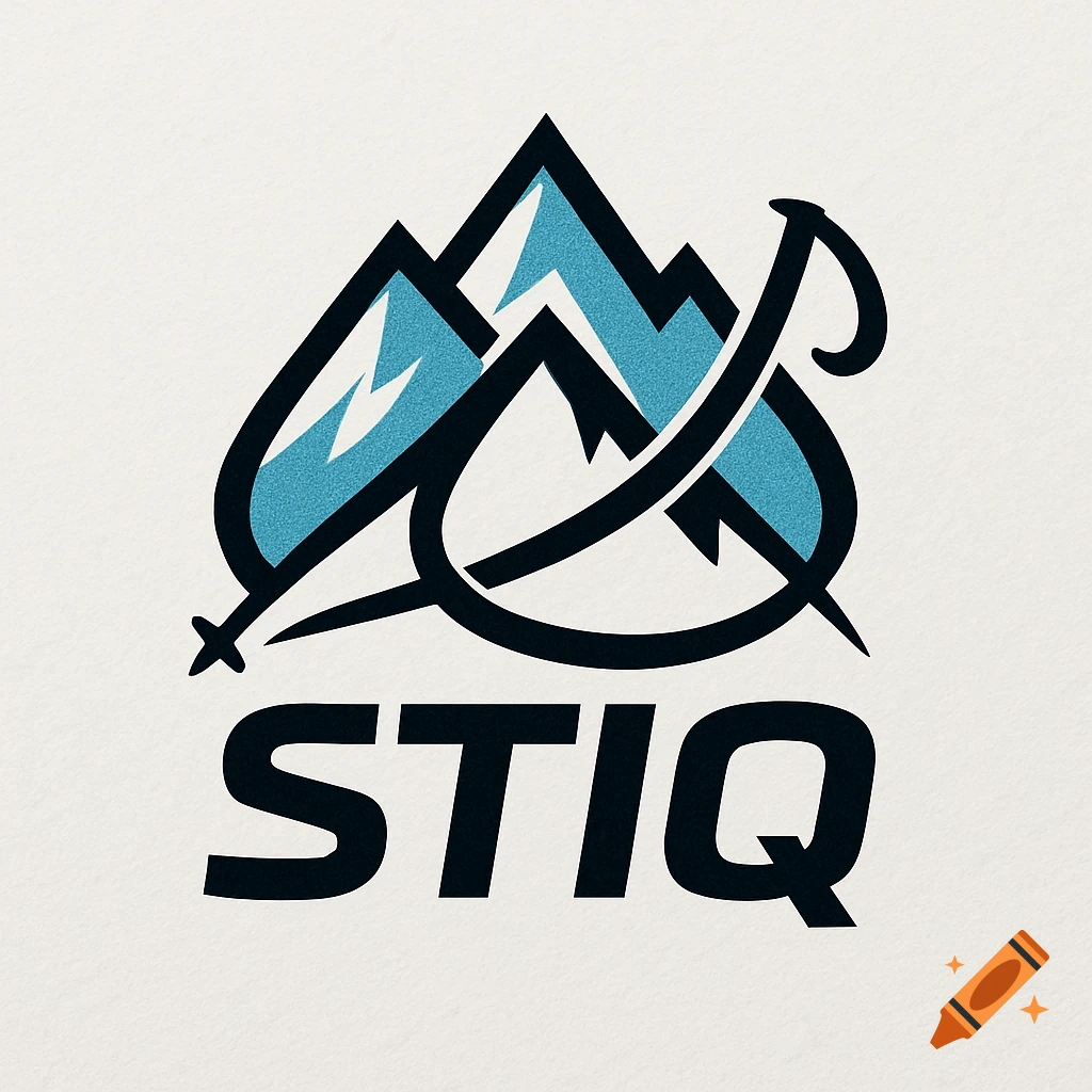 A graphic logo for 'STIQ' featuring stylized blue mountains, a black ice axe, and ski poles.