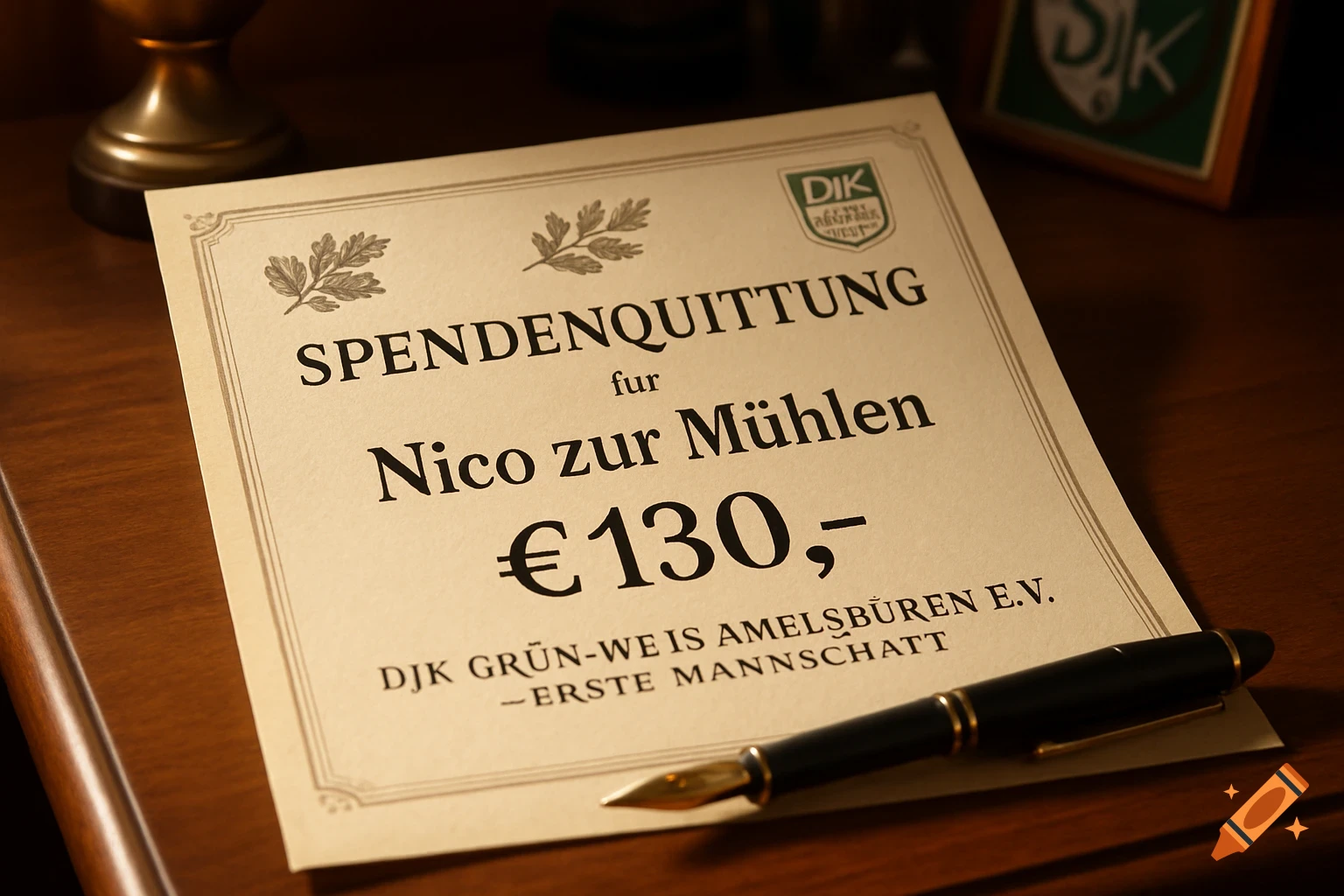 A formal donation receipt for " 130" to Nico zur Mühlen from DJK Grün-Weiß Amelsbüren e.V., with a pen on a wooden table.