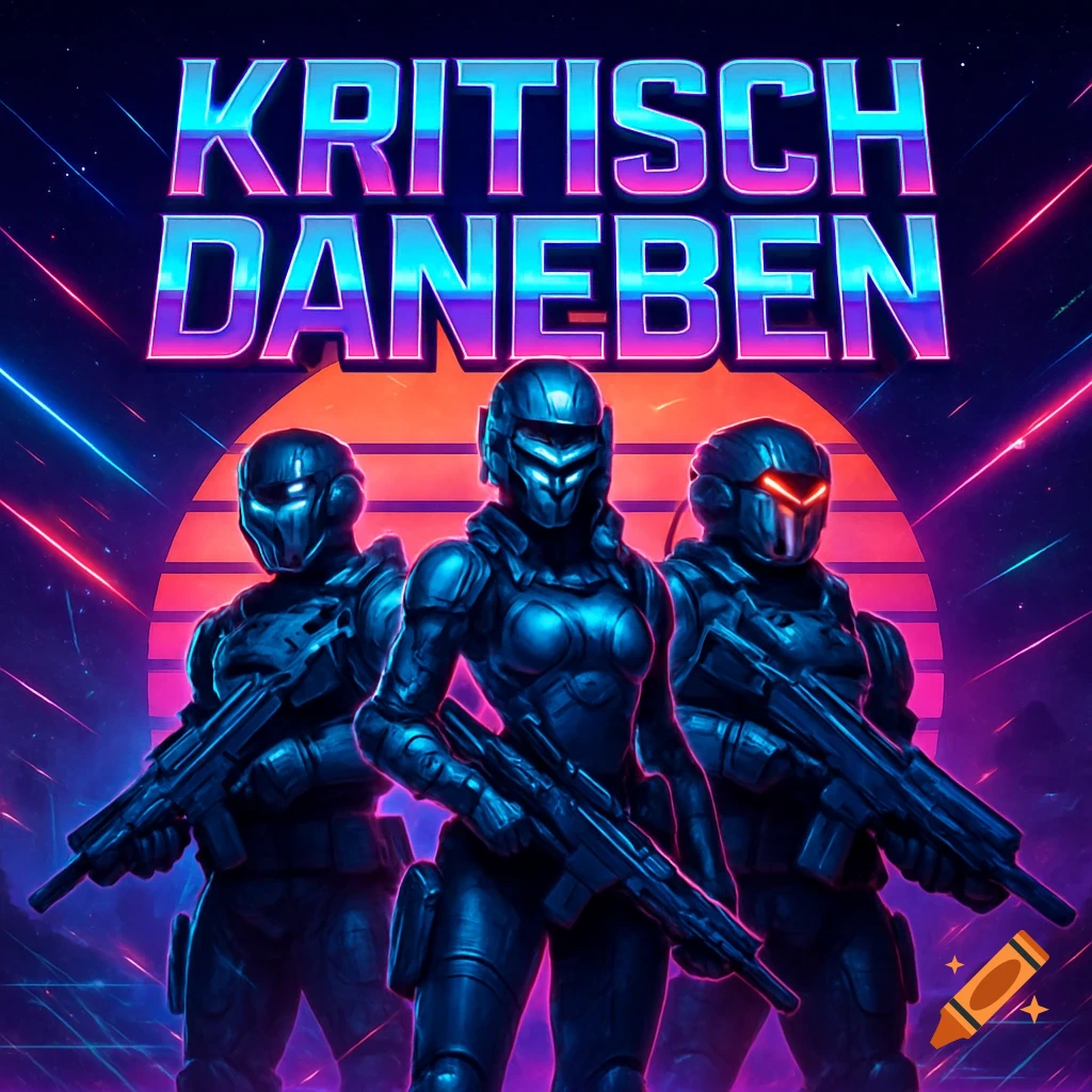 Three armored sci-fi soldiers with rifles in a neon-lit, retro-futuristic scene with a large sunset and the text 'Kritisch Daneben'.