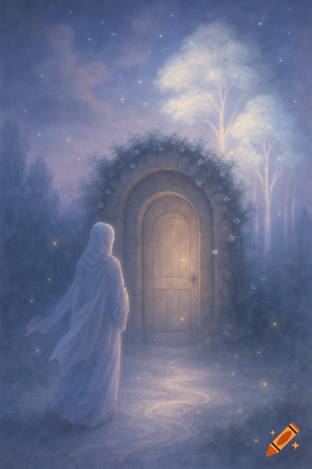 A hooded figure faces a glowing arched doorway covered in vines within a mystical, starlit forest with ethereal trees and fireflies.