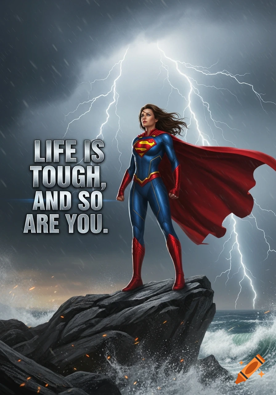 A female superhero in a blue suit and red cape stands on stormy rocks by the sea with lightning. Text reads 'LIFE IS TOUGH, AND SO ARE YOU.'