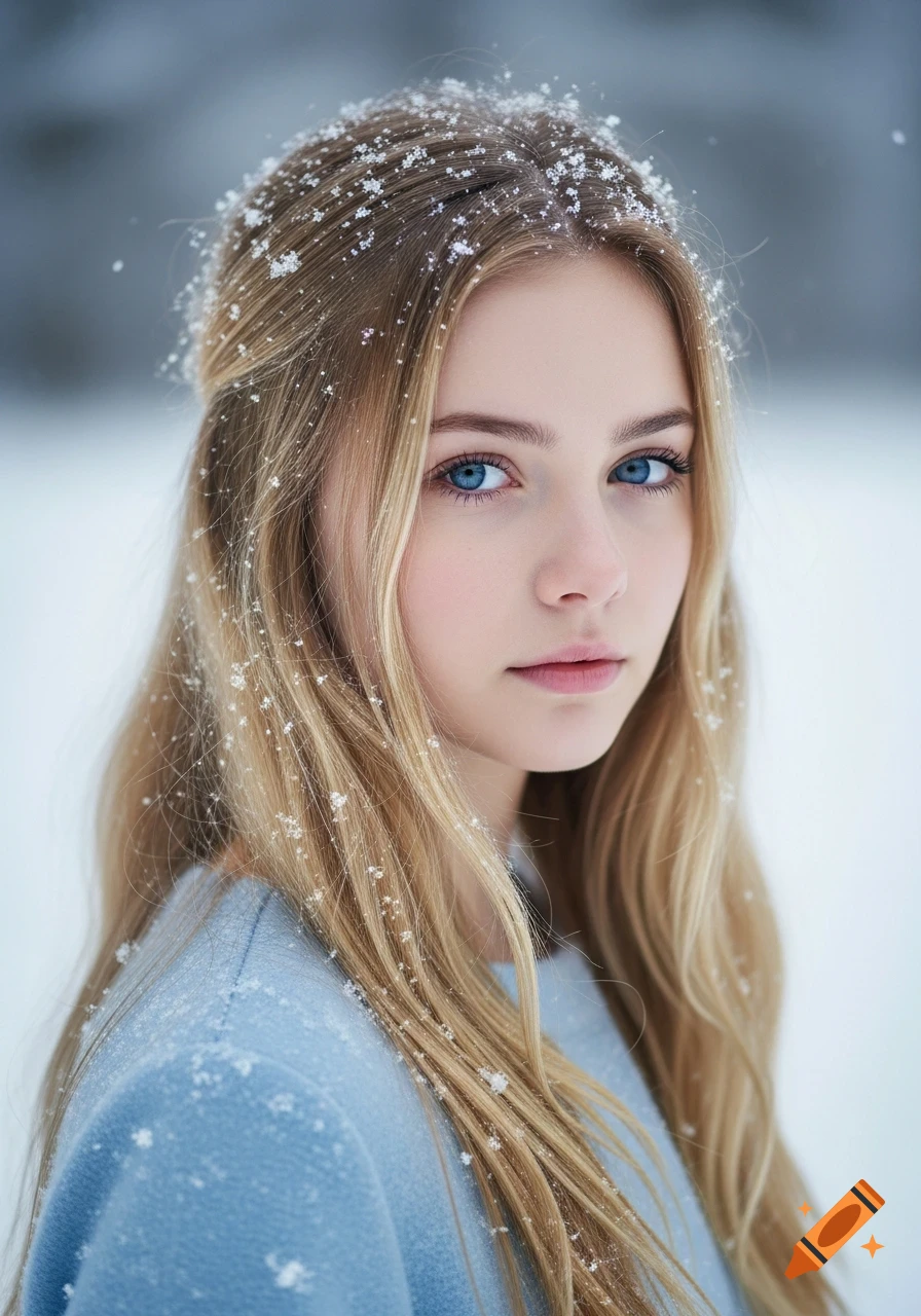 Photorealistic portrait of a blonde girl with bright blue eyes, snowflakes on her hair and blue sweater in a winter landscape.