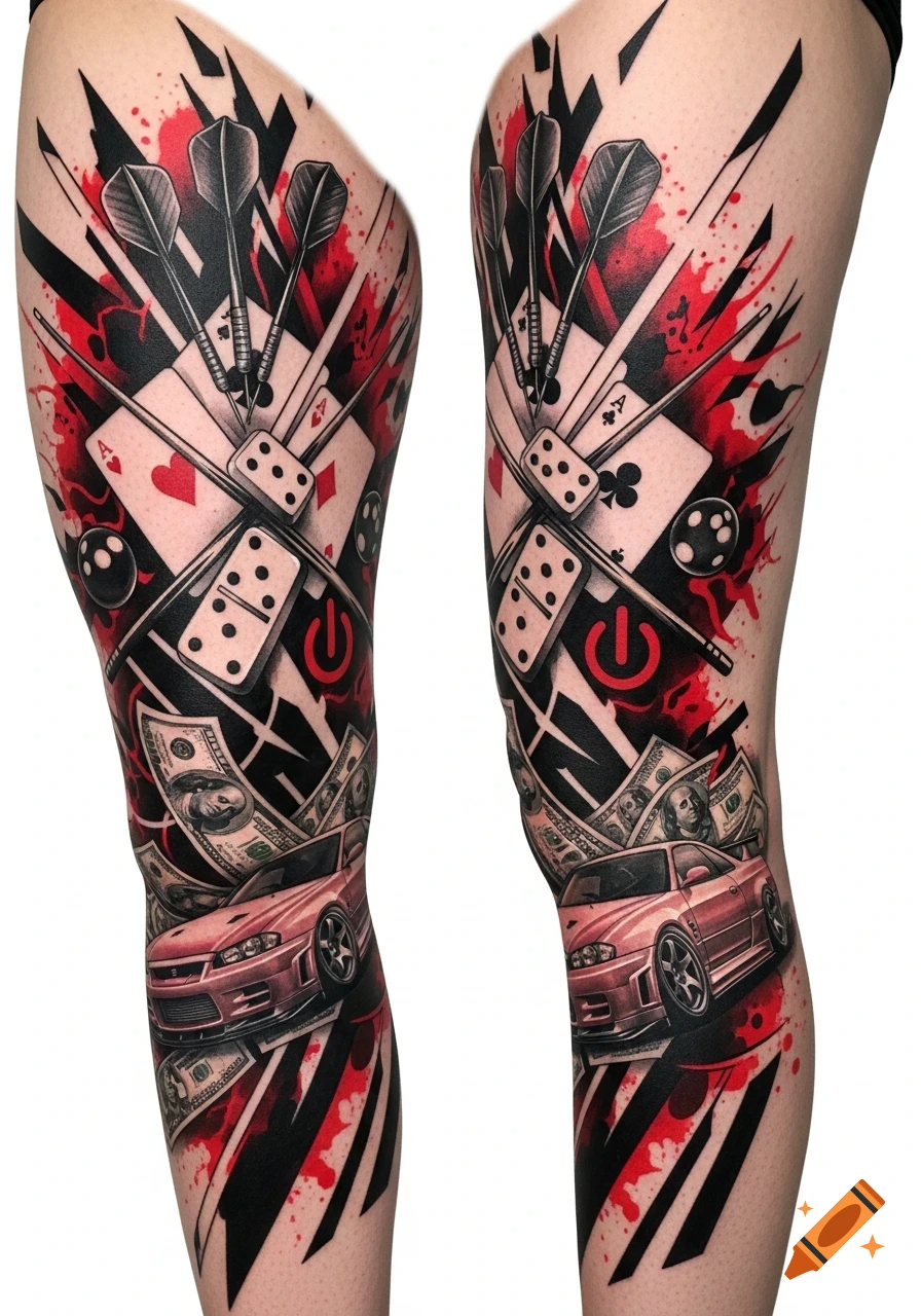 A pair of legs with full sleeve Trash Polka style tattoos featuring darts, playing cards, dominoes, a billiard ball, power symbols, money bills, and a Nissan R34 car in red and black.