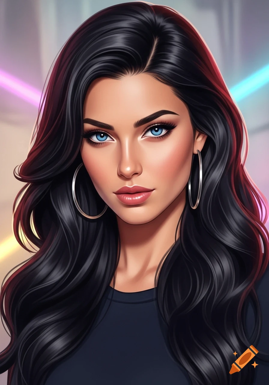 Digital art portrait of a beautiful woman with dark wavy hair, striking ...